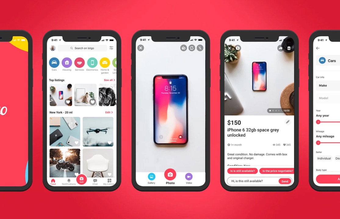 Letgo app screens on a red background