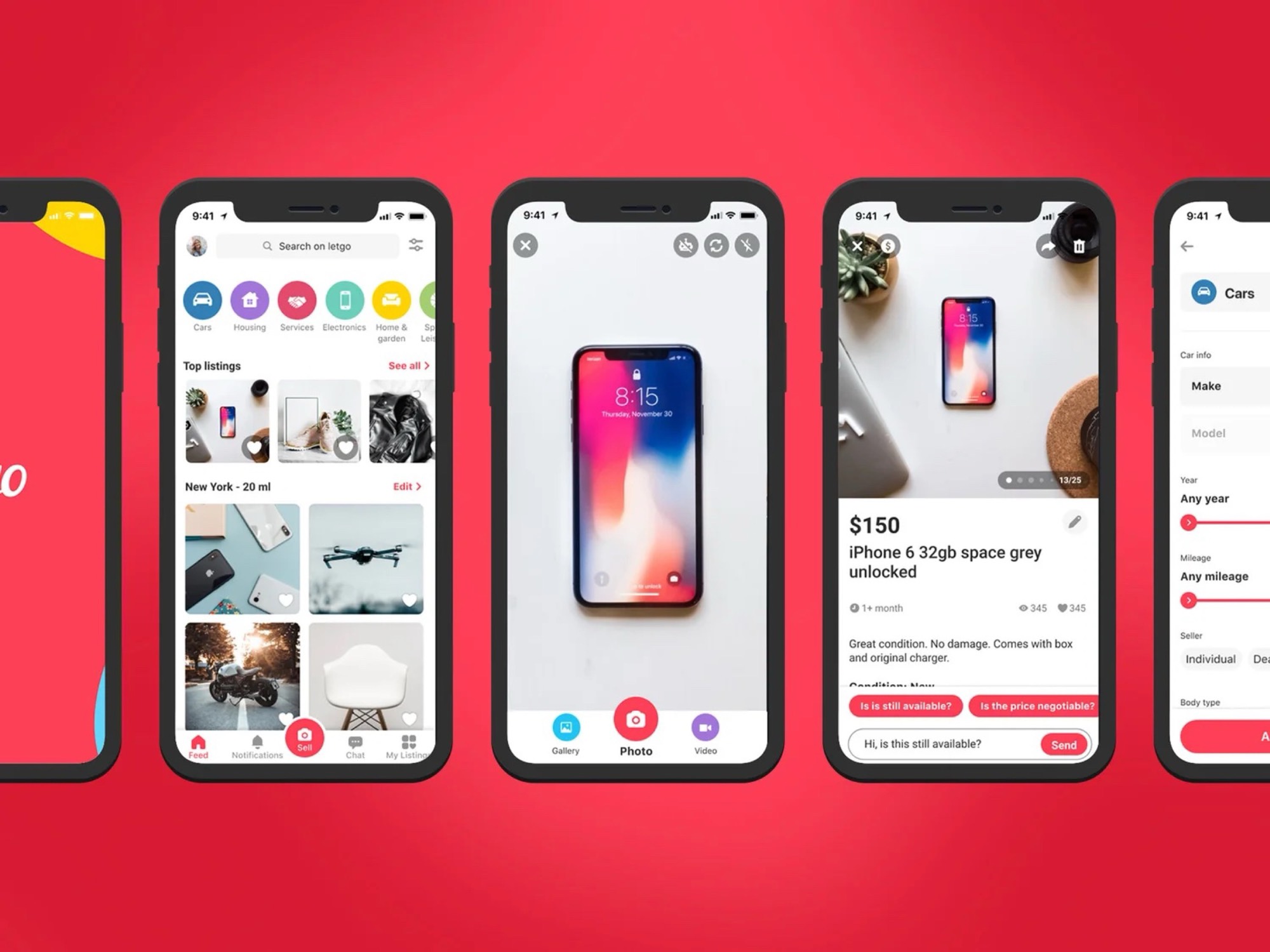 Letgo app screens on a red background