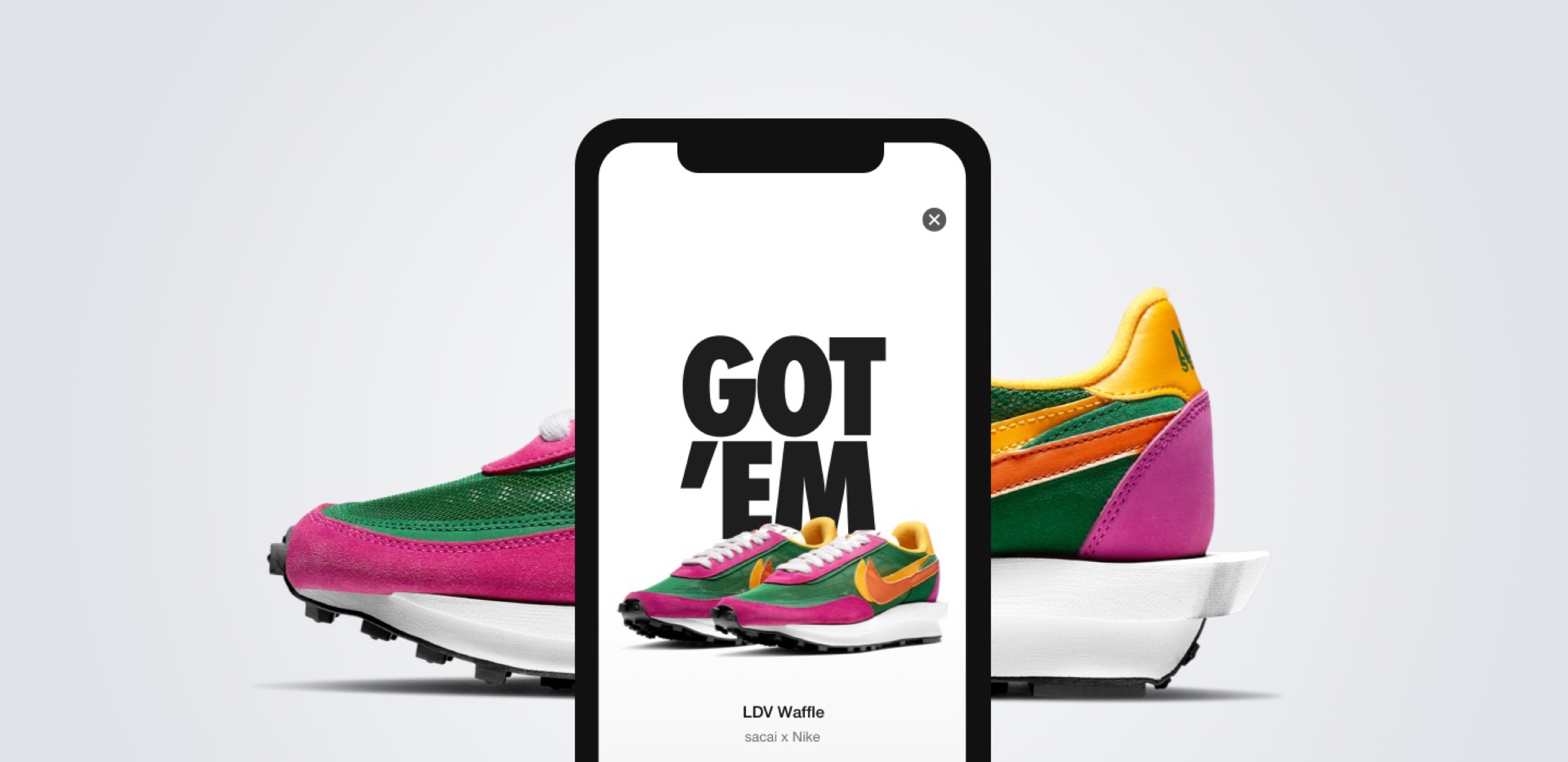 SNKRS app showing a Got 'Em screen next to sneakers
