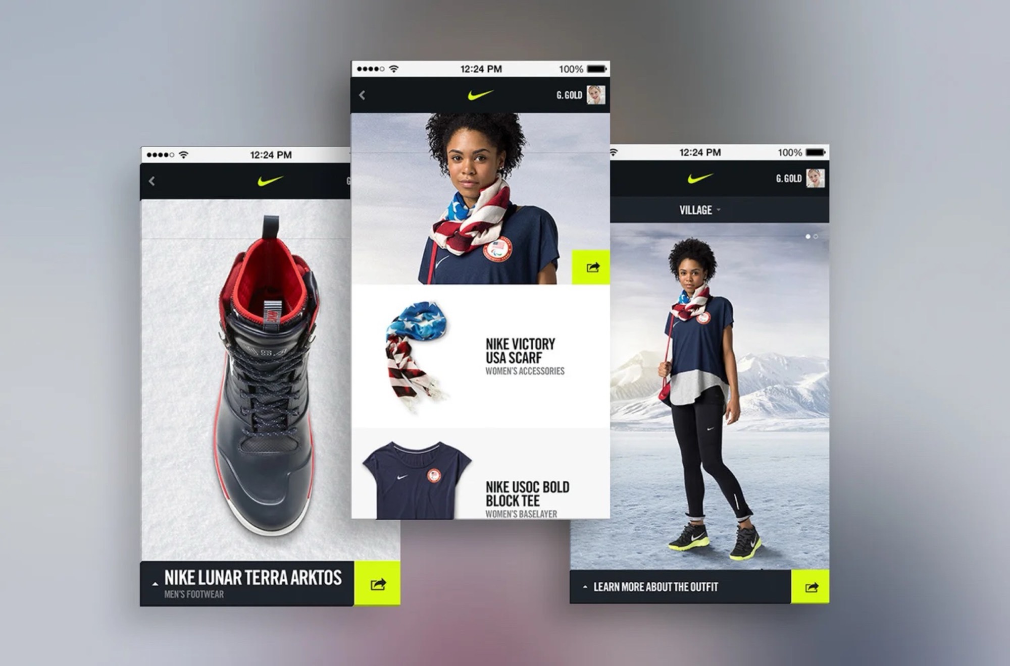 Nike Sochi web app screens