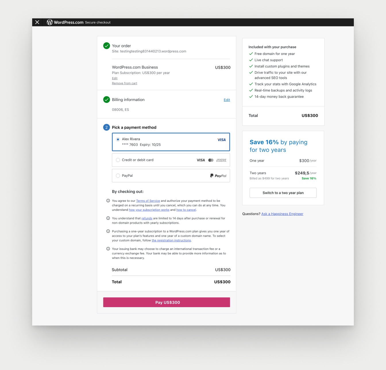 The old WordPress.com checkout: one long column with a wall of legal text