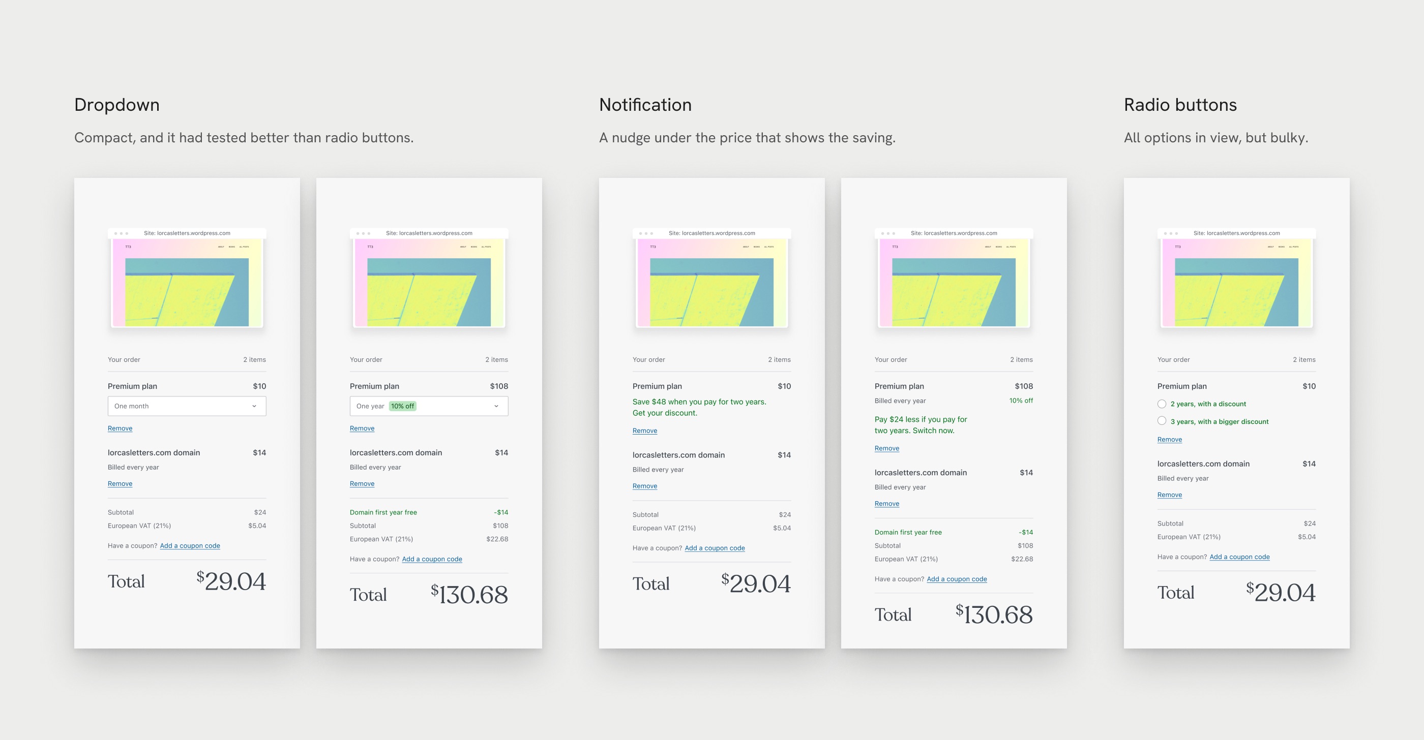 Billing cycle explorations: a dropdown, a savings notification and radio buttons in the order summary