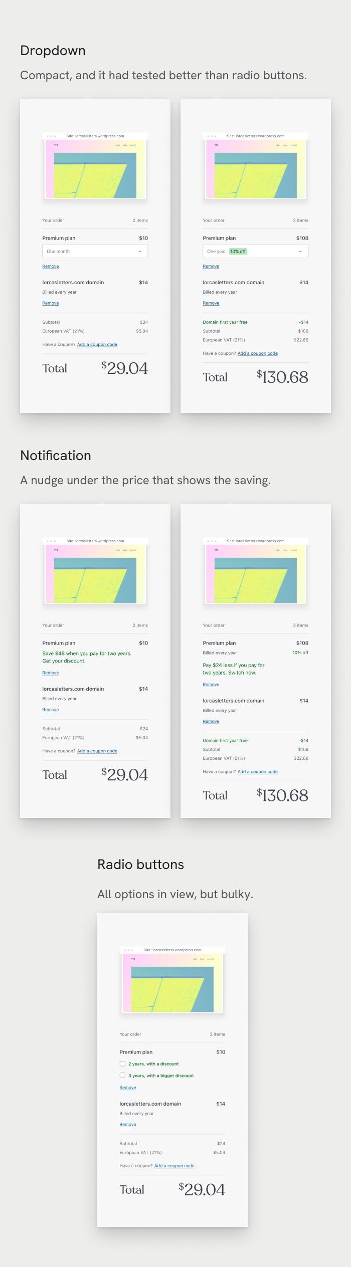 Billing cycle explorations: a dropdown, a savings notification and radio buttons in the order summary