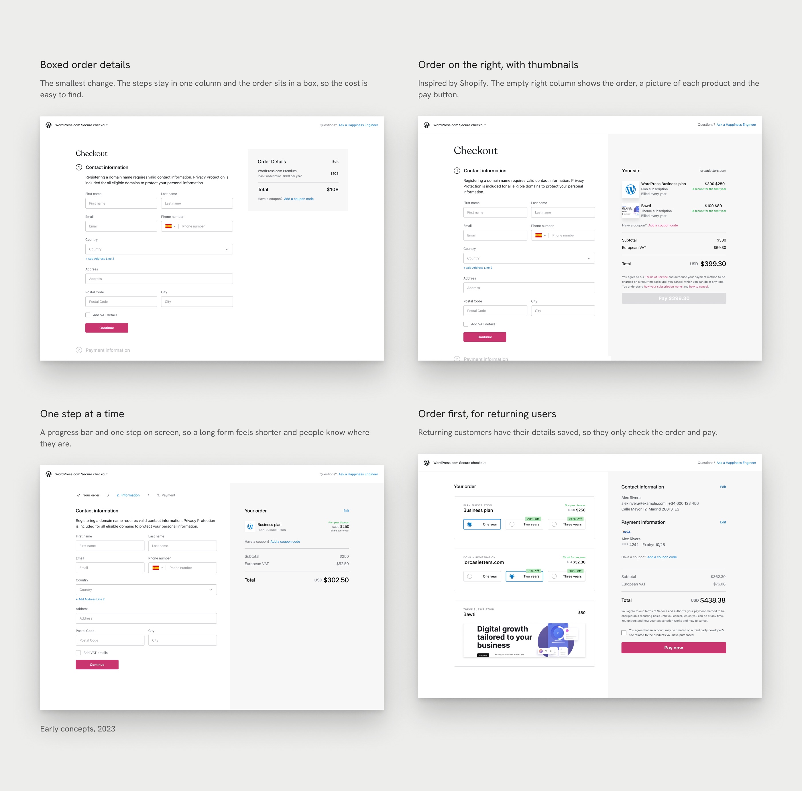 Four early checkout concepts from 2023: boxed order details, order on the right with thumbnails, one step at a time, and order first for returning users