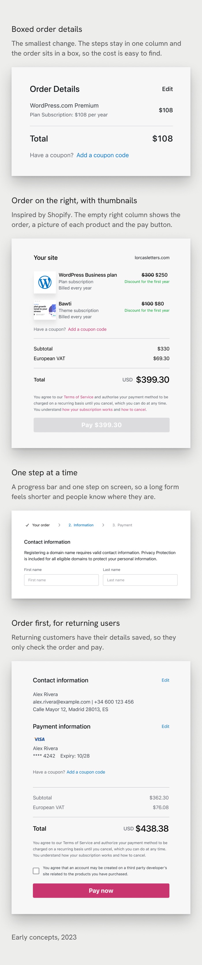 Four early checkout concepts from 2023: boxed order details, order on the right with thumbnails, one step at a time, and order first for returning users