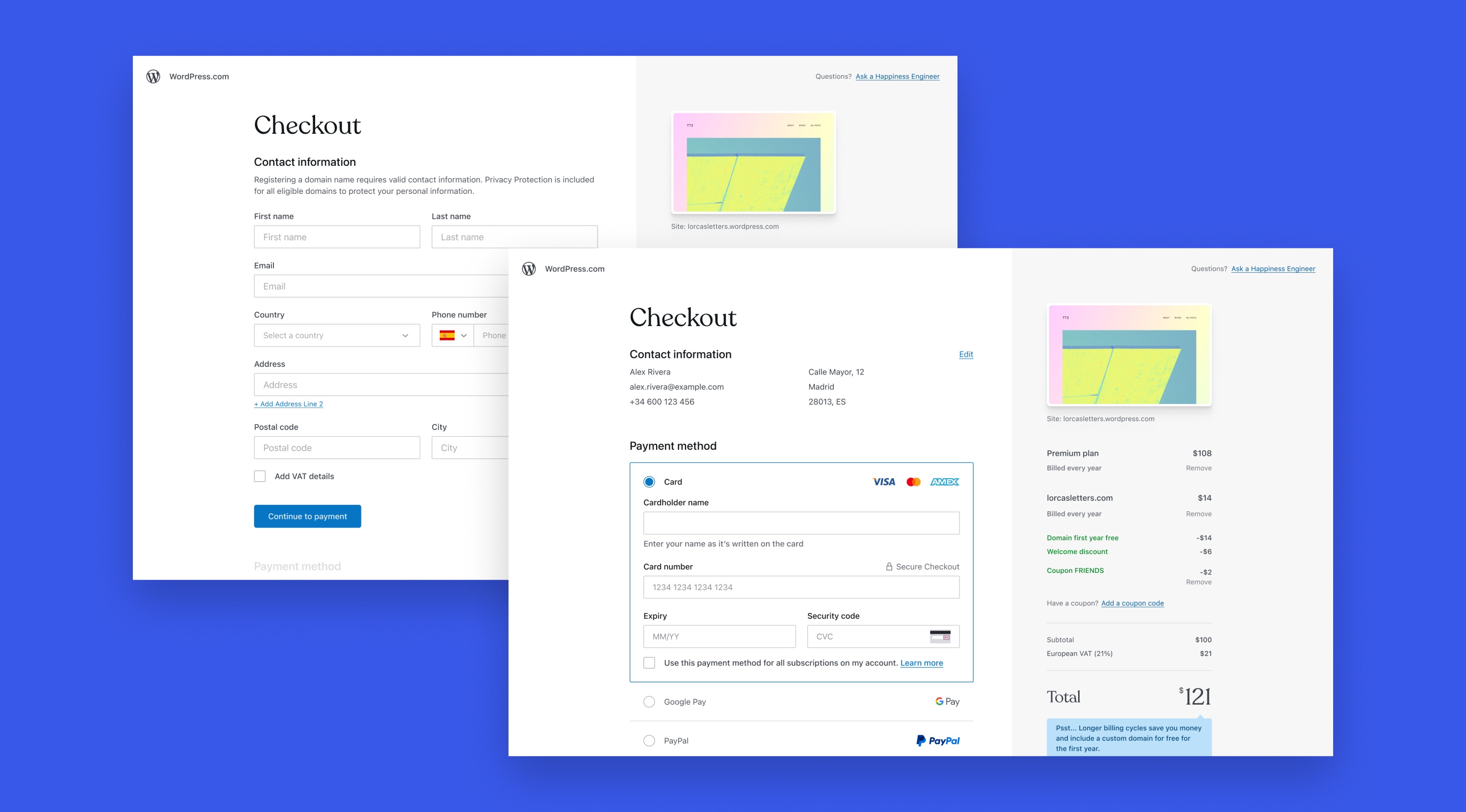 The WordPress.com checkout: the contact step and the payment step, on a blue background