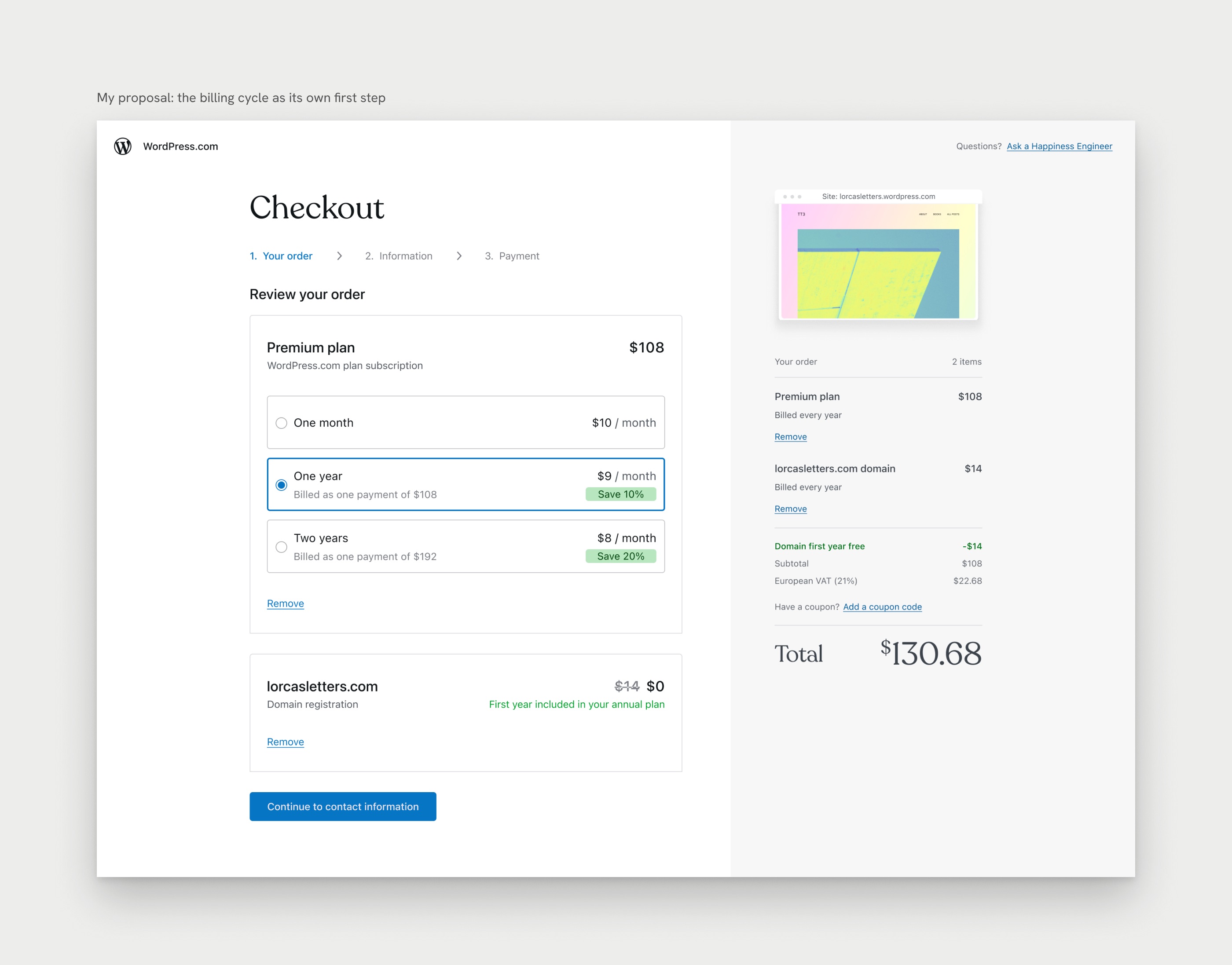My proposal: the billing cycle as its own first step, with one month, one year and two years options