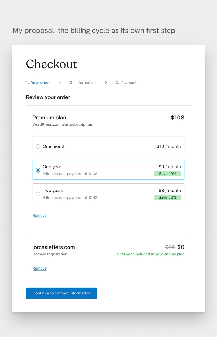 My proposal: the billing cycle as its own first step, with one month, one year and two years options