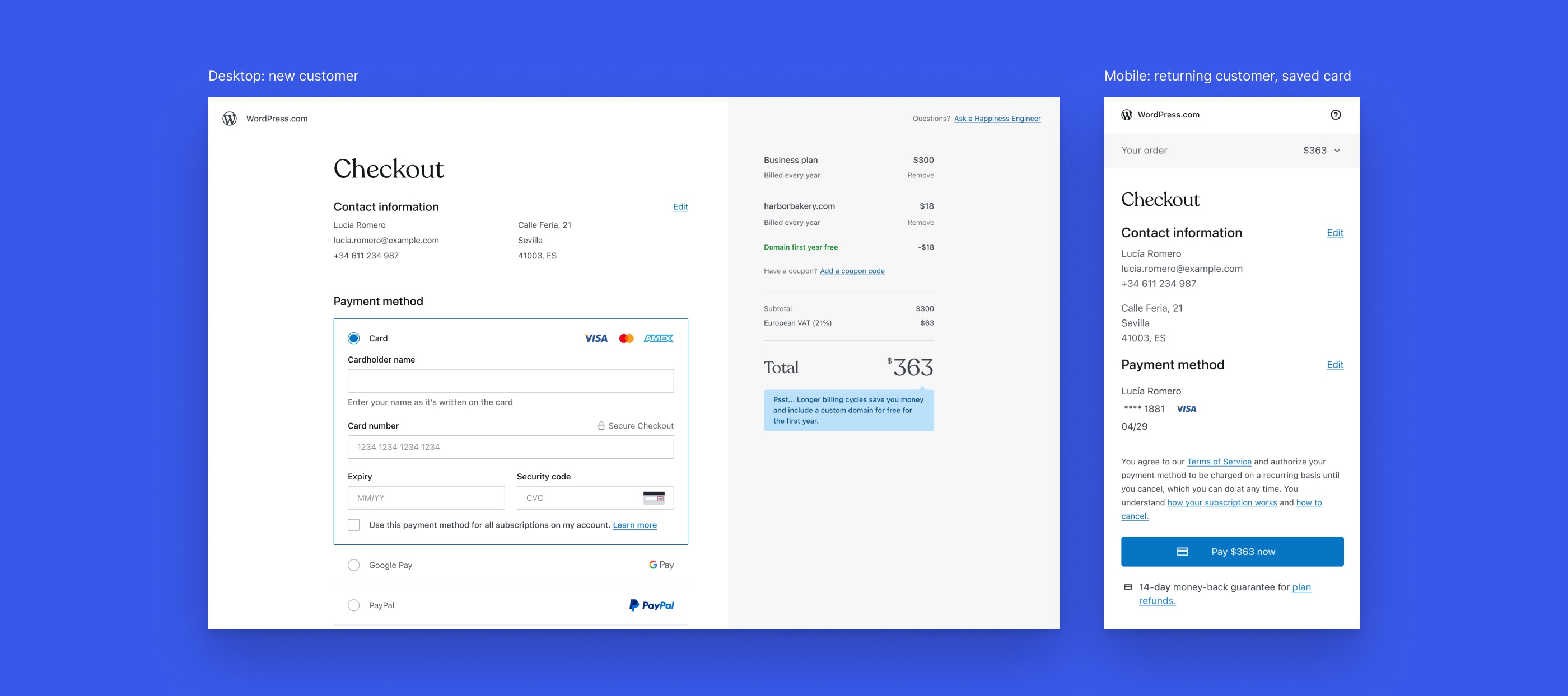 The checkout live today: a new customer at the payment step on desktop, and a returning customer with a saved card on mobile