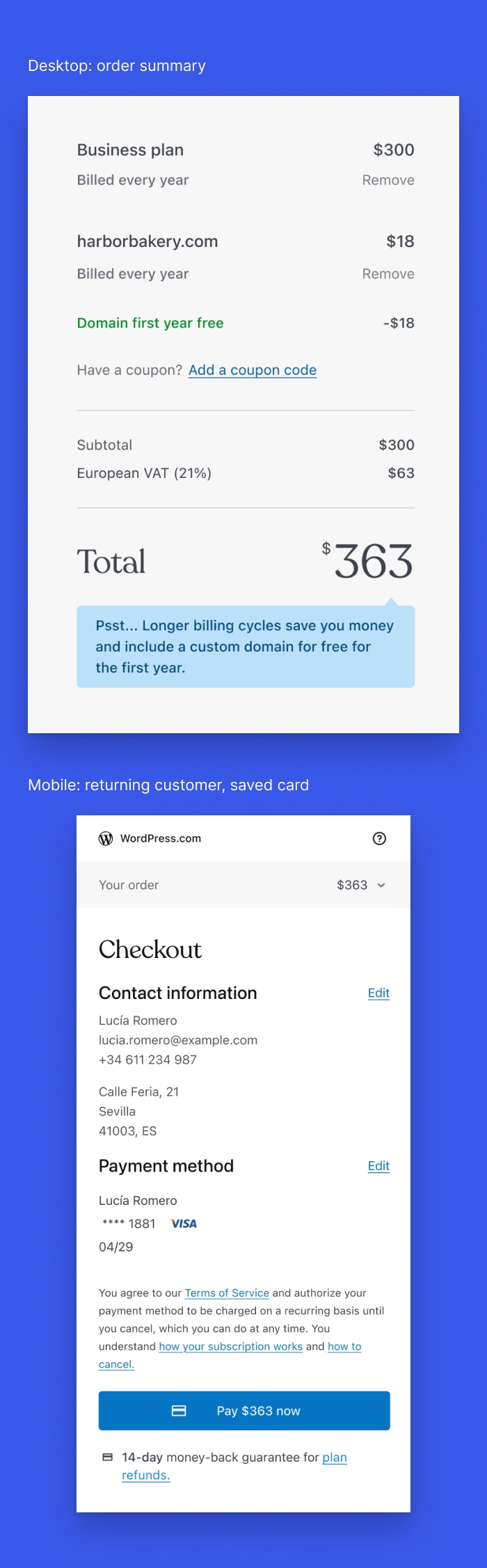 The checkout live today: a new customer at the payment step on desktop, and a returning customer with a saved card on mobile