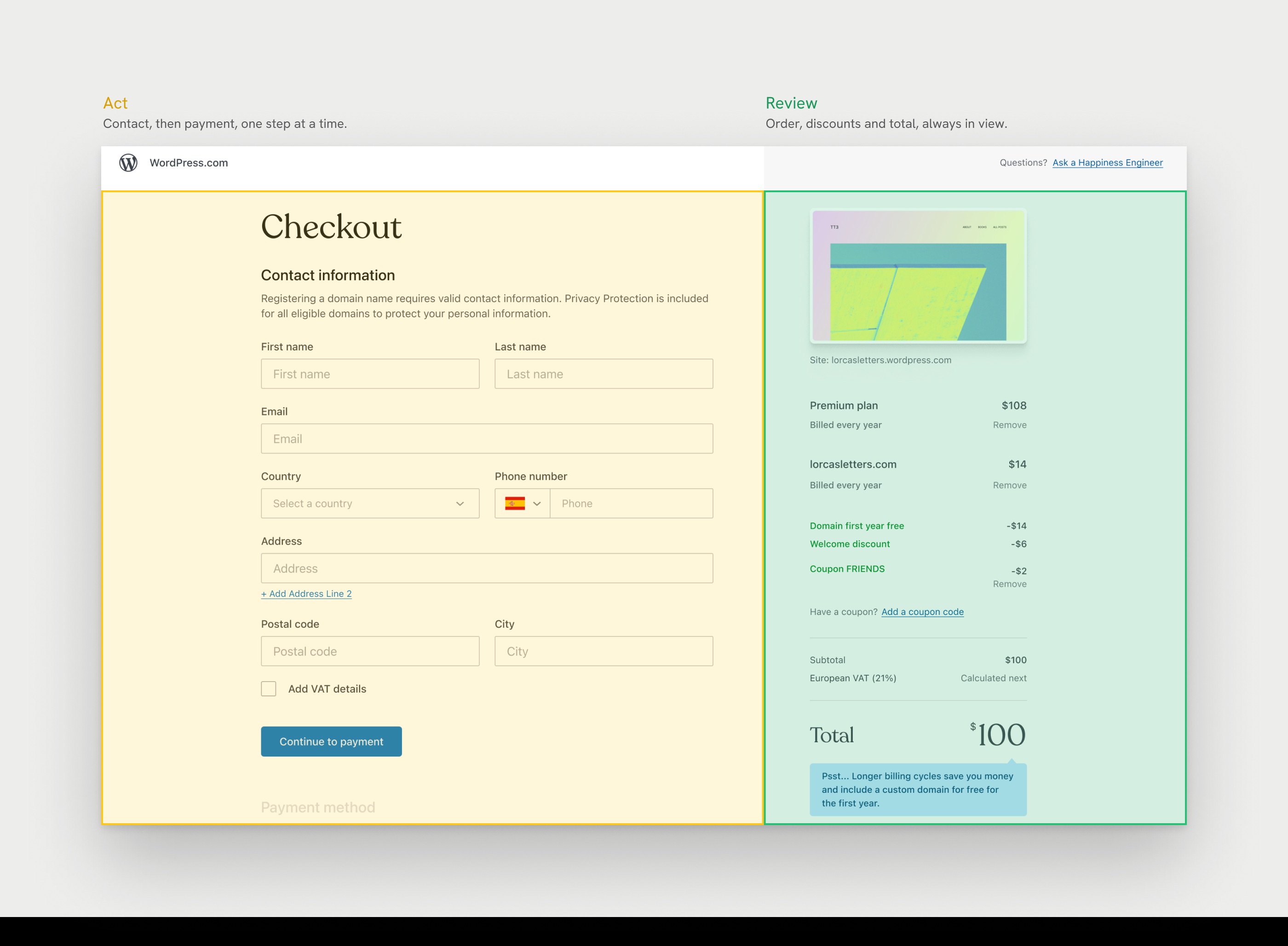 The checkout split into two columns: act on the left (contact, then payment) and review on the right (order, discounts and total)