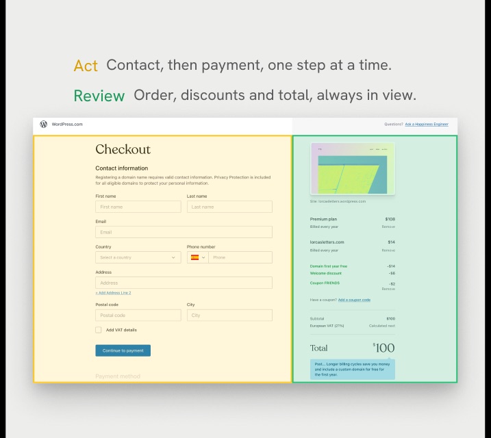 The checkout split into two columns: act on the left (contact, then payment) and review on the right (order, discounts and total)