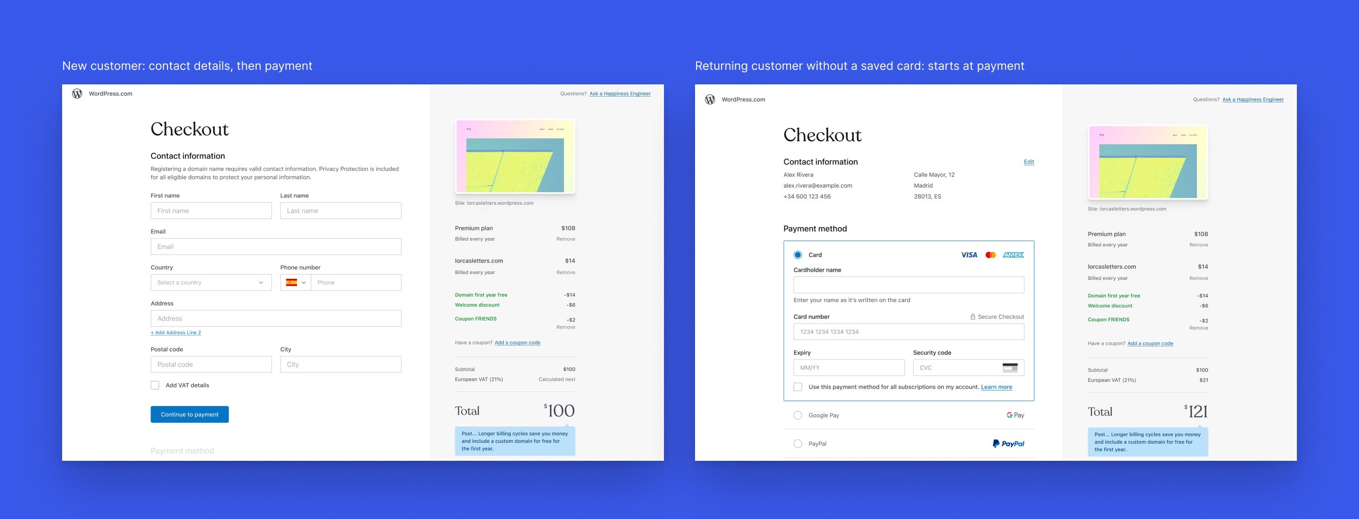 A new customer starts with contact details; a returning customer without a saved card starts at payment