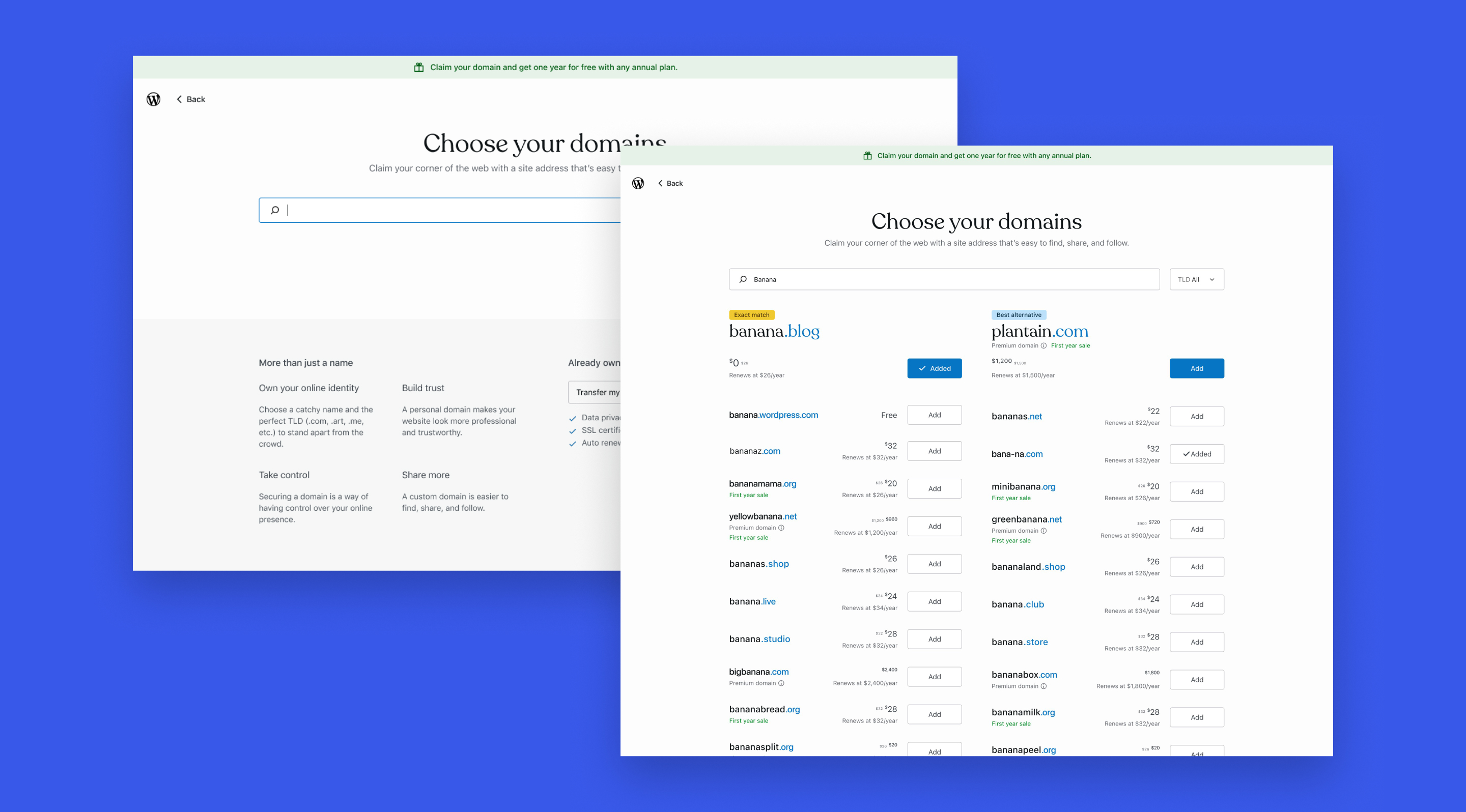 The redesigned WordPress.com domain search page and results, on a blue background