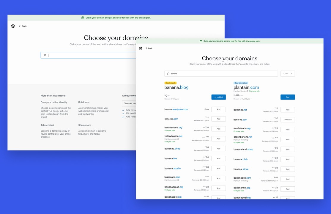 The redesigned WordPress.com domain search and results