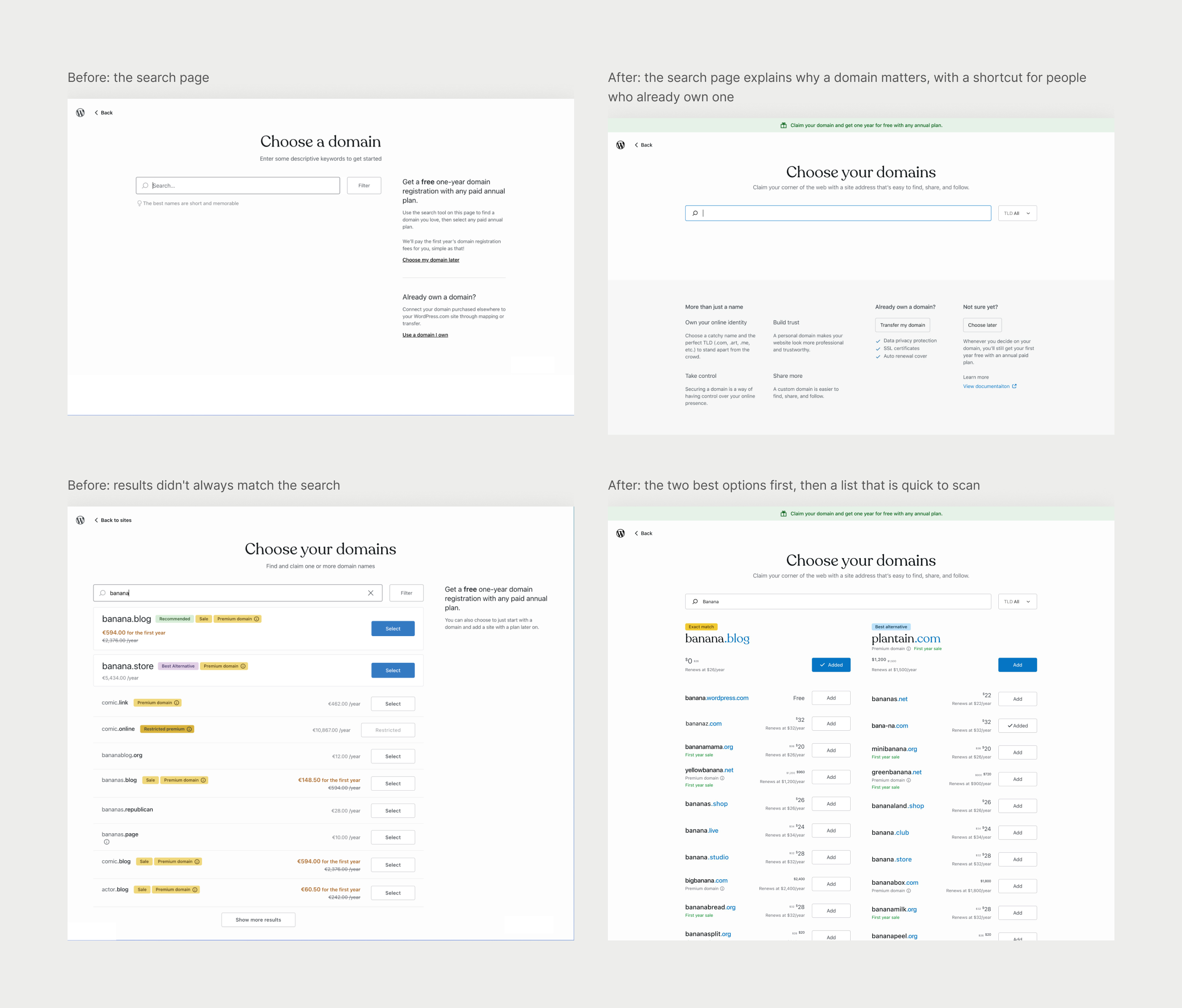 The domain search page and results, before and after: the old results showed unrelated names with many badges, the new ones show the two best options first and a list that is quick to scan