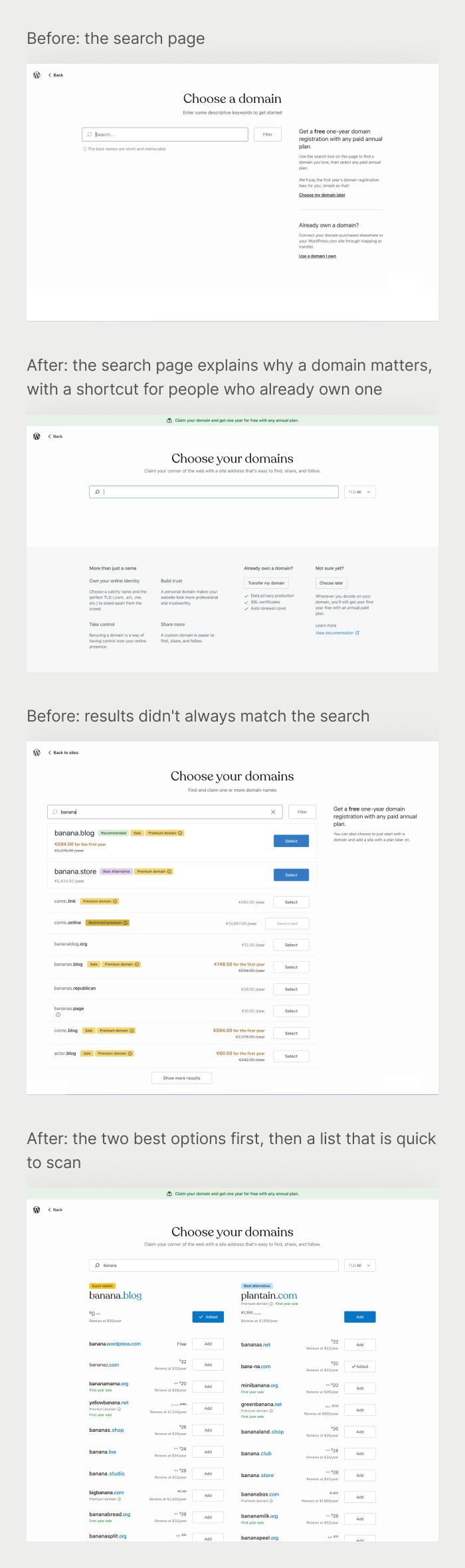 The domain search page and results, before and after: the old results showed unrelated names with many badges, the new ones show the two best options first and a list that is quick to scan