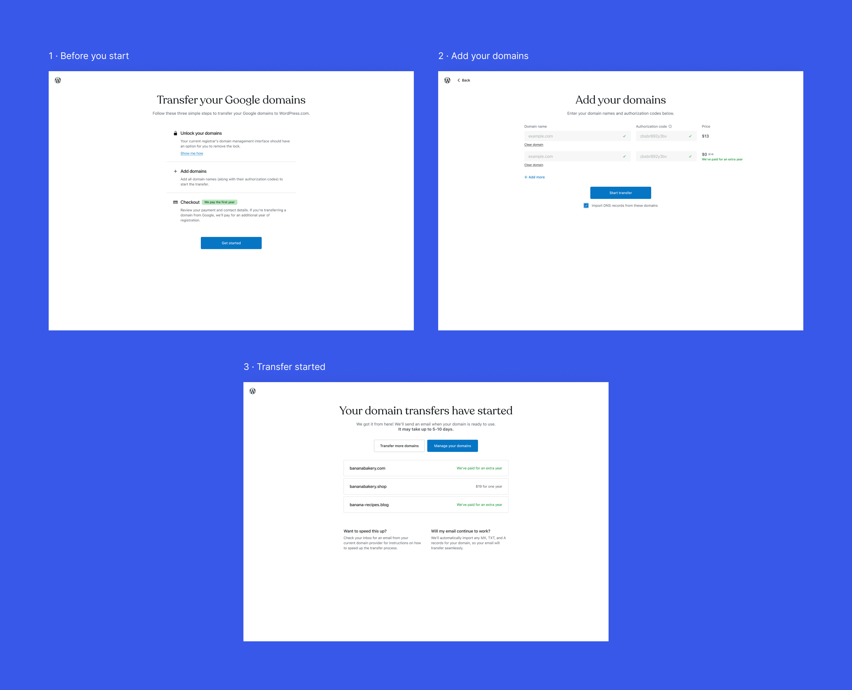 The bulk transfer in three steps: before you start, add your domains, and transfer started