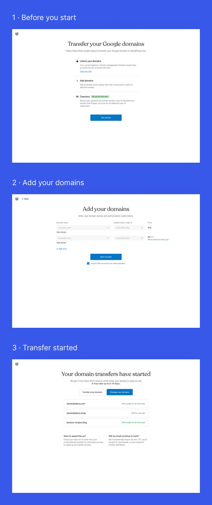 The bulk transfer in three steps: before you start, add your domains, and transfer started